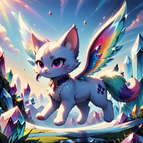 Crystal and cat fusion。A fluffy cat。Wings are crystal。shine。Jump。Flying in the sky。Rainbow colors。bright。fun。Fairy。Lake and Crys...