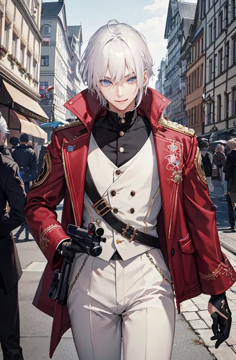 (Cool young man)、(white hair)、Short mash、blue eyes、((prince clothes)), highest quality、sharp look、keen eyes、sharp eyes、(hold a g...