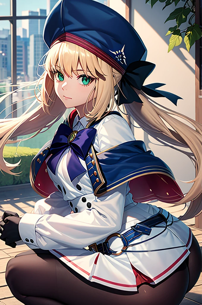 bbcaster, long hair, twintails, beret, blue headwear, green eyes, blue cape, bowtie, white dress, long sleeves, black gloves, buttons, double-breasted, blue belt, black pantyhose, masterpiece, best quality,1girl, breasts, solo, thicc, tight ass, ass grab, squat, looking at viewer, long leg thong, sexy