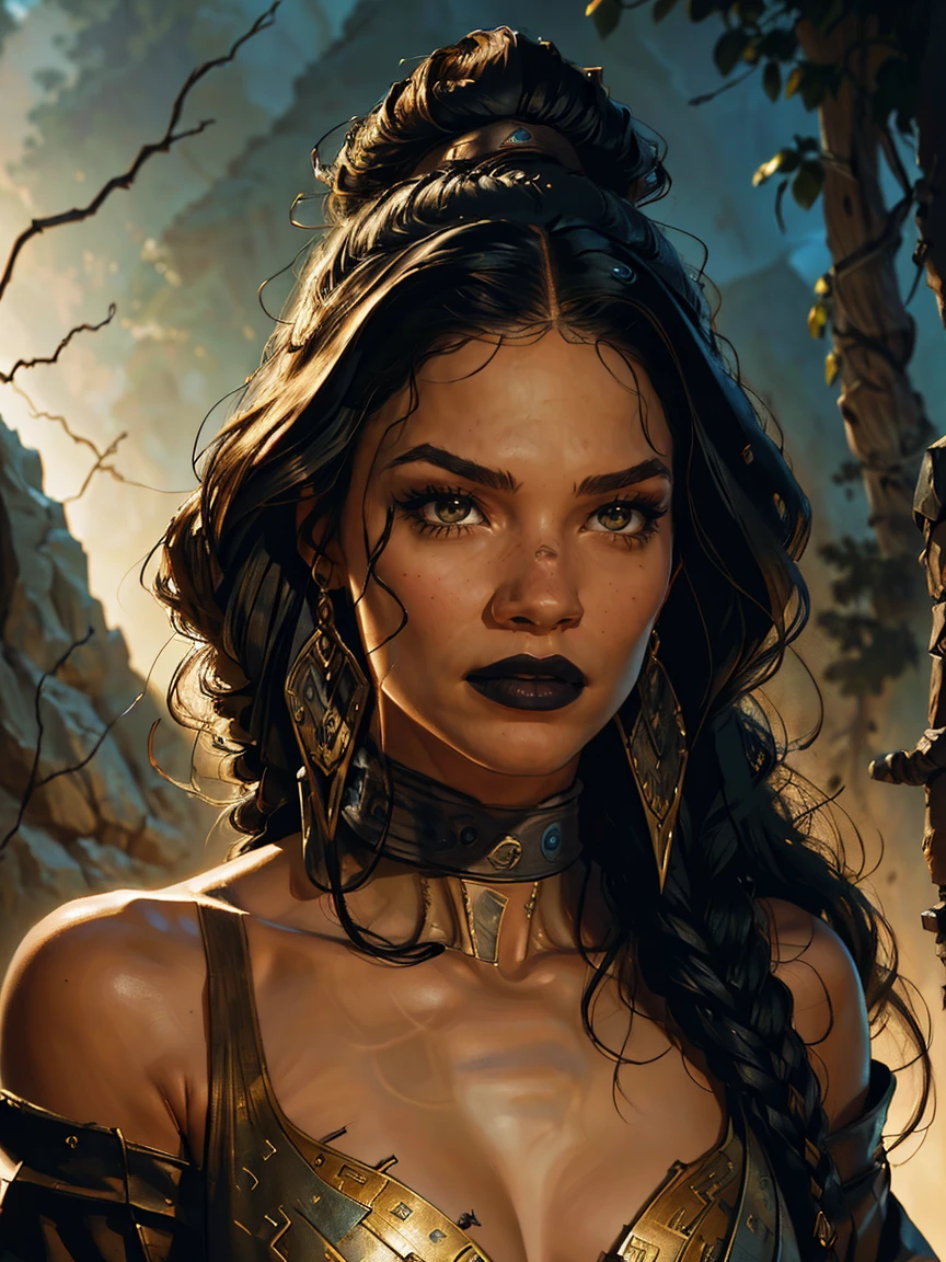 a female Sith based on Zendaya, Star Wars, highly detailed cinematic fantasy portrait, black outlining, full color illustration, in the style of BORIS VALLEJO & JULIE BELL, masterpiece, 8k, ultra-detailed, physically-based rendering, vivid colors, dramatic lighting, intricate background, photorealistic