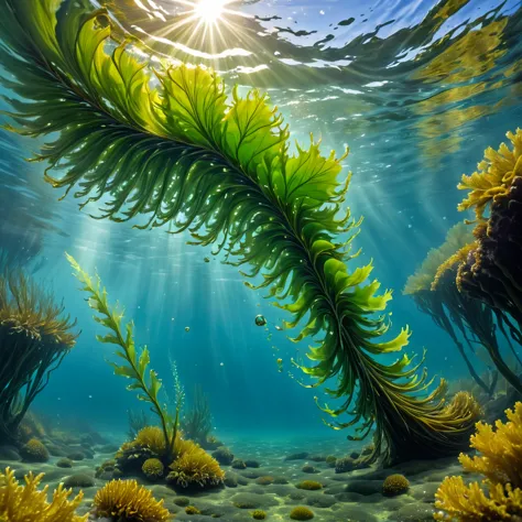 there is a large amount of seaweed floating in the water, yellow seaweed, seaweed floating, seaweed and bubles, floating kelp, s...