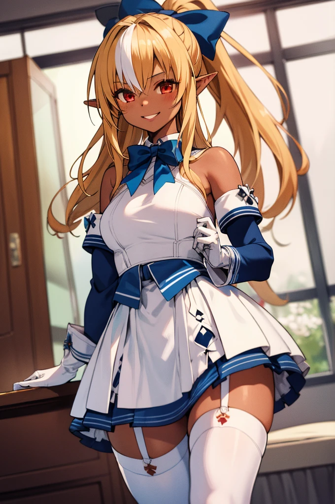 1girl, shiranui flare, streaked hair, dark skin, long hair, blonde hair, hair bow, blue bow, pointy ears, solo, white gloves, detached sleeves, garter straps, white thighhighs, white dress, red eyes, red bowtie, white hair, long sleeves, ponytail,indoor,smile,looking viewer