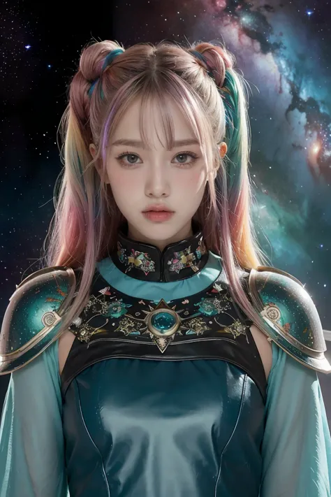 a girl with rainbow colored hair and detailed teal dress armor, standing, rainbow colored cosmic nebula background, stars, galax...