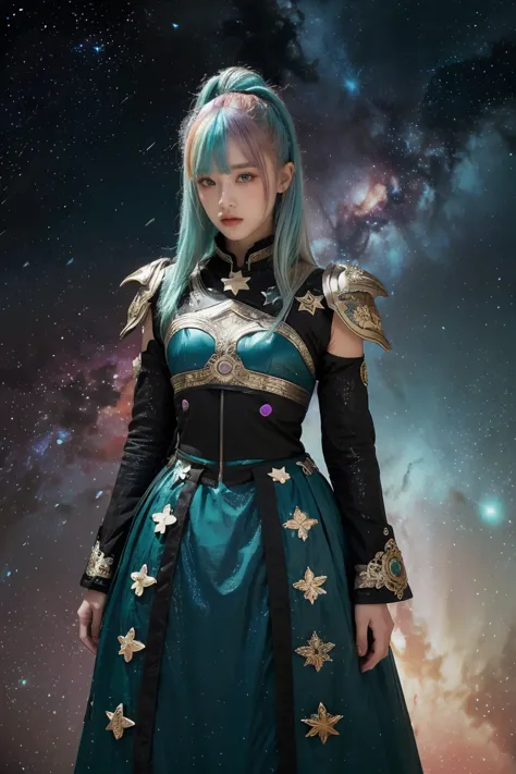 a girl with rainbow colored hair and detailed teal dress armor, standing, rainbow colored cosmic nebula background, stars, galax...