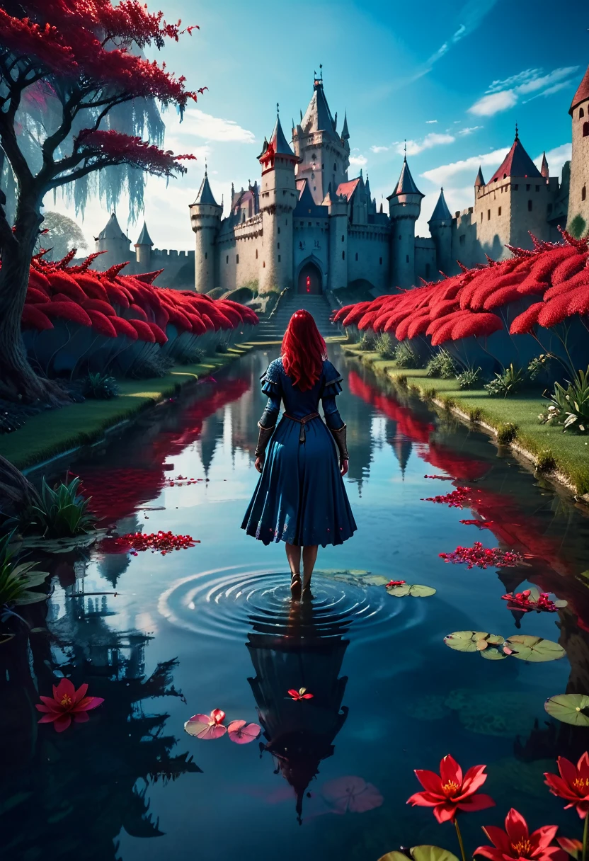 Снимок в полный рост женщины в фантастическом мире внутри пруда, наполненного красными цветами, идем к огромному средневековому замку. кинематографический стиль. Красивый мир фантазий, синее освещение, холодное кинематографическое объемное освещение.