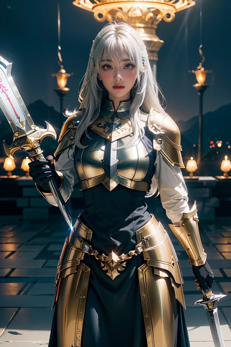 (masterpiece, best quality), ((A paladin holding a light-infused greatsword)), light magic, divine, mage aura, silver and gold, 4k, dark cityscape, Fujifilm