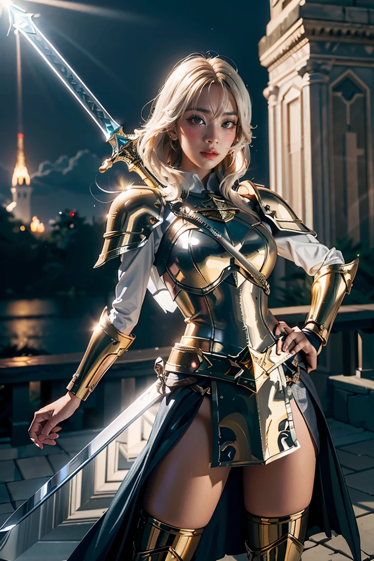 (masterpiece, best quality), ((A paladin holding a light-infused greatsword)), light magic, divine, mage aura, silver and gold, 4k, dark cityscape, Fujifilm