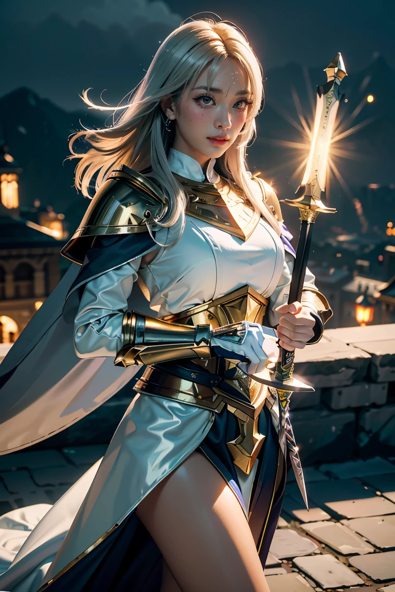 (masterpiece, best quality), ((A paladin holding a light-infused greatsword)), light magic, divine, mage aura, silver and gold, 4k, dark cityscape, Fujifilm