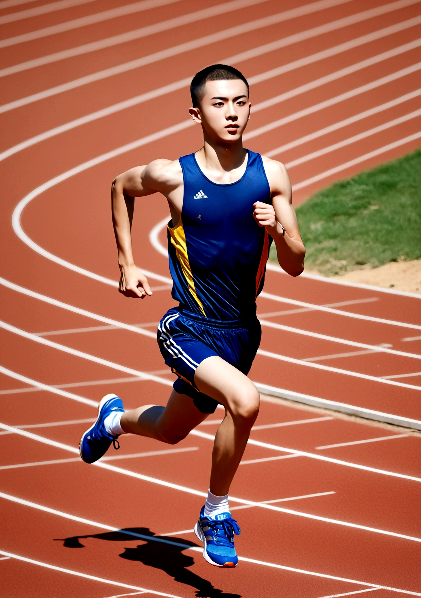 Chinese boys，18 years old，Athlete，Buzz cut，short hair，Single eyelid，whole body，Wear sportswear，Running on the track，