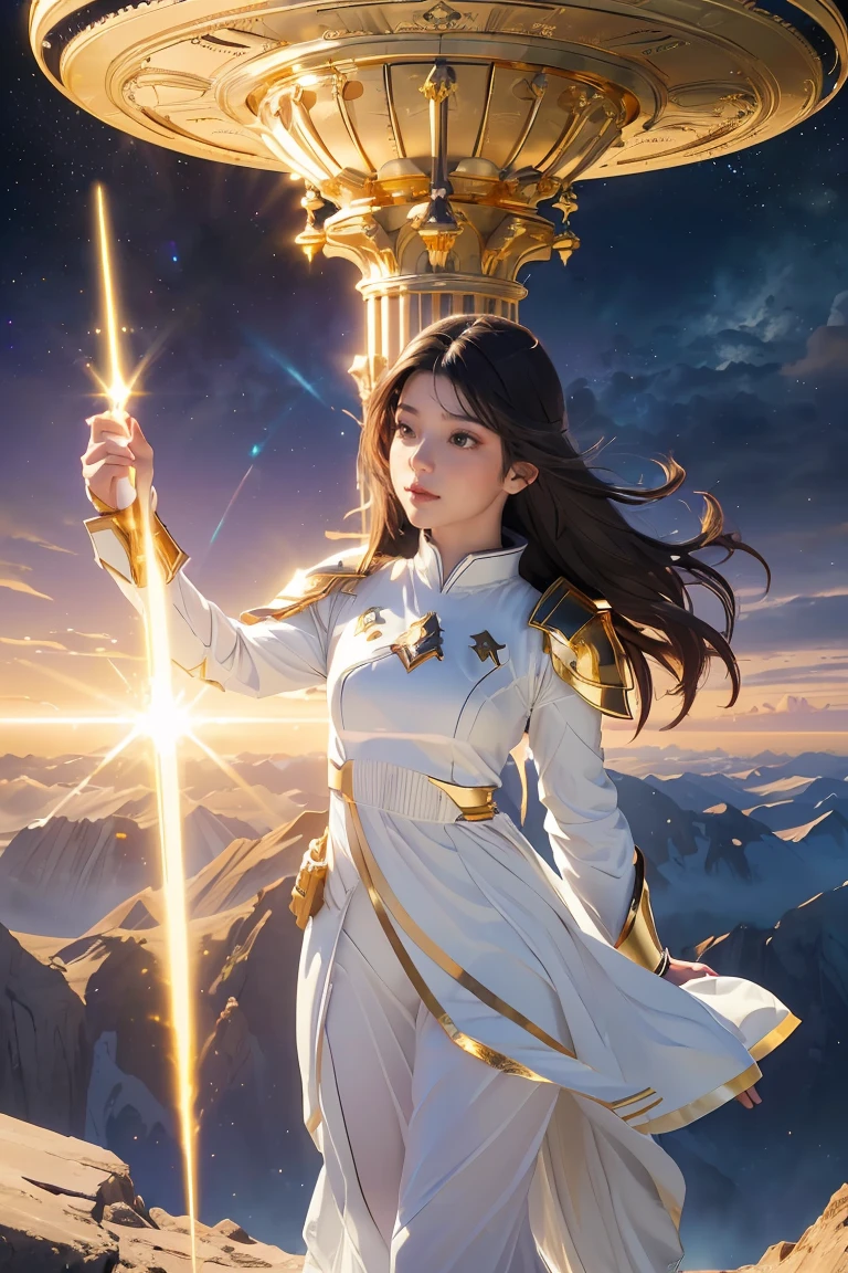 ((masterpiece, best quality, extremely detailed), volumetric lighting, ambient occlusion, colorful, glowing), 1girl, solo, young girl, (dark hair), long hair, halo, aura, sacred, goddess, cleric suit, (white outfit with gold detailst:1.3), armor, outdoors, sunset, sky, clouds, space, (fantasy theme:1.2), full body armor