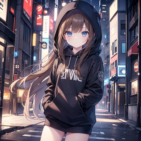 1girl, brown hair, blue eyes, wearing a black hoodie with alan walker's sign, city background, edm style, electronic, cold light...