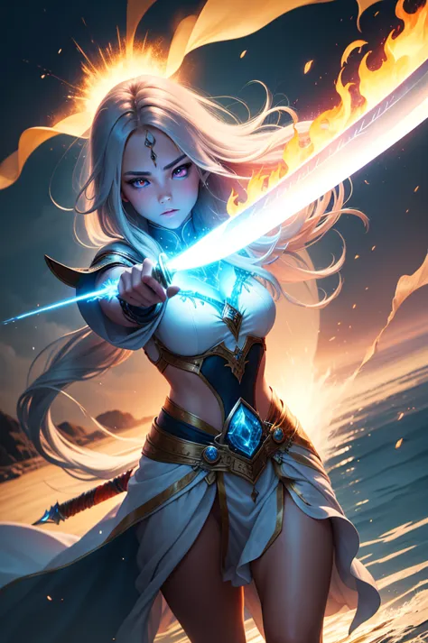 an enchanting image of an enchanted item, such as a sword, glowing with a powerful aura of fire. the sword wielder's eyes glow w...