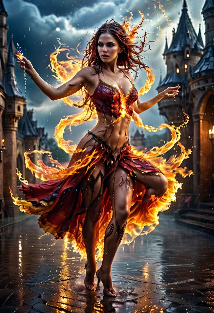 (a photorealistic portrait of a sorceress of fire making fire dance in a storm of rain: 1.5), a most exquisite beautiful sorceress, controlling fire manipulating fire, a woman, dynamic hair color, dynamic hair style, (most beautiful face: 1.3), (ultra detailed face: 1.2), wet hair, wet face, dynamic eyes color, full body shot, wearing dress made of fire, wearing intricate high heels, light make up, dancing in courtyard of a fantasy castle background, ((heavy rain drops: 1.1)), clouds in the sky, (anatomically correct: 1.4), (full body shot: 1.1) , vibrant, Ultra-high resolution, High Contrast, (masterpiece:1.5), highest quality, Best aesthetics), best details, best quality, highres, ultra wide angle, 16k, [ultra detailed], masterpiece, best quality, (extremely detailed), faize, Intense gaze, Cinematic Hollywood Film