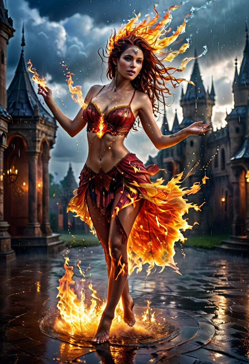 (a photorealistic portrait of a sorceress of fire making fire dance in a storm of rain: 1.5), a most exquisite beautiful sorceress, controlling fire manipulating fire, a woman, dynamic hair color, dynamic hair style, (most beautiful face: 1.3), (ultra detailed face: 1.2), wet hair, wet face, dynamic eyes color, full body shot, wearing dress made of fire, wearing intricate high heels, light make up, dancing in courtyard of a fantasy castle background, ((heavy rain drops: 1.1)), clouds in the sky, (anatomically correct: 1.4), (full body shot: 1.1) , vibrant, Ultra-high resolution, High Contrast, (masterpiece:1.5), highest quality, Best aesthetics), best details, best quality, highres, ultra wide angle, 16k, [ultra detailed], masterpiece, best quality, (extremely detailed), faize, Intense gaze, Cinematic Hollywood Film