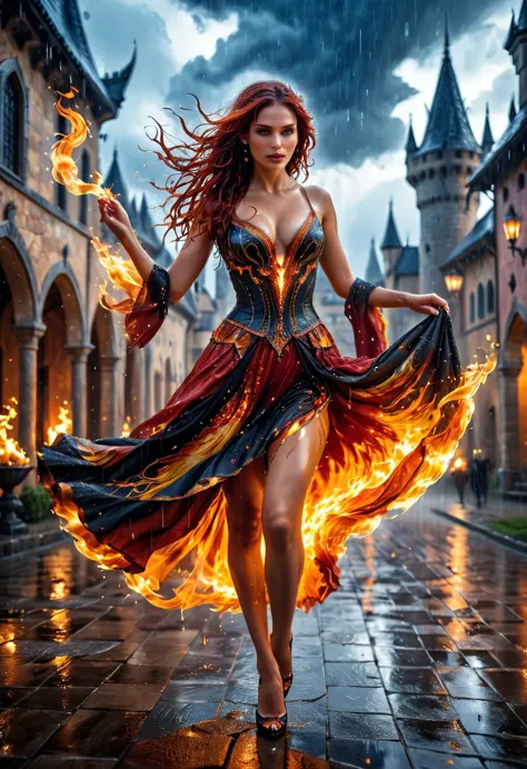 (a photorealistic portrait of a sorceress of fire making fire dance in a storm of rain: 1.5), a most exquisite beautiful sorcere...