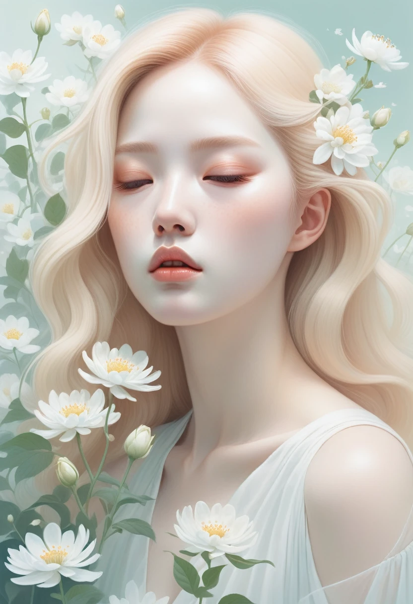 (mist:1.5)，Soft space，Soft tones，dream，Hazy and mysterious，大量mist和白色小花覆盖，Modern illustration elements。Tranquility、Pure atmosphere，blond woman with white flowers covering her face and eyes, inspired by Hsiao-Ron Cheng, inspired by Yanjun Cheng, by Ayami Kojima, by Hsiao-Ron Cheng, by Yanjun Cheng, Guweiz, artwork in the style of Guweiz, by Eizan It&#39;s a gift, cake, james jean and wlop