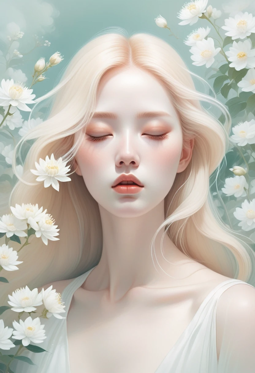 (mist:1.5)，Soft space，Soft tones，dream，Hazy and mysterious，大量mist和白色小花覆盖，Modern illustration elements。Tranquility、Pure atmosphere，blond woman with white flowers covering her face and eyes, inspired by Hsiao-Ron Cheng, inspired by Yanjun Cheng, by Ayami Kojima, by Hsiao-Ron Cheng, by Yanjun Cheng, Guweiz, artwork in the style of Guweiz, by Eizan It&#39;s a gift, cake, james jean and wlop