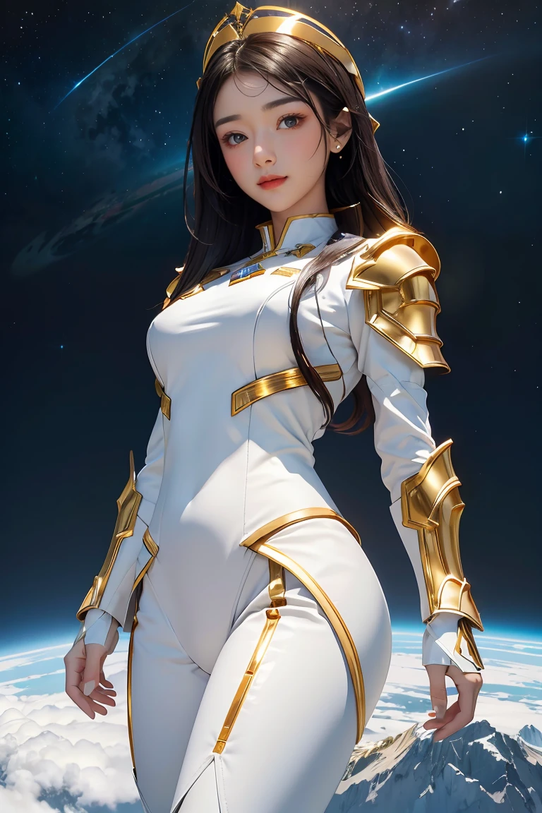 ((masterpiece, best quality, extremely detailed), volumetric lighting, ambient occlusion, colorful, glowing), 1girl, solo, young girl, (dark hair), long hair, halo, aura, sacred, goddess, cleric suit, (white outfit with gold detailst:1.3), armor, outdoors, sunset, sky, clouds, space, (fantasy theme:1.2), full body armor