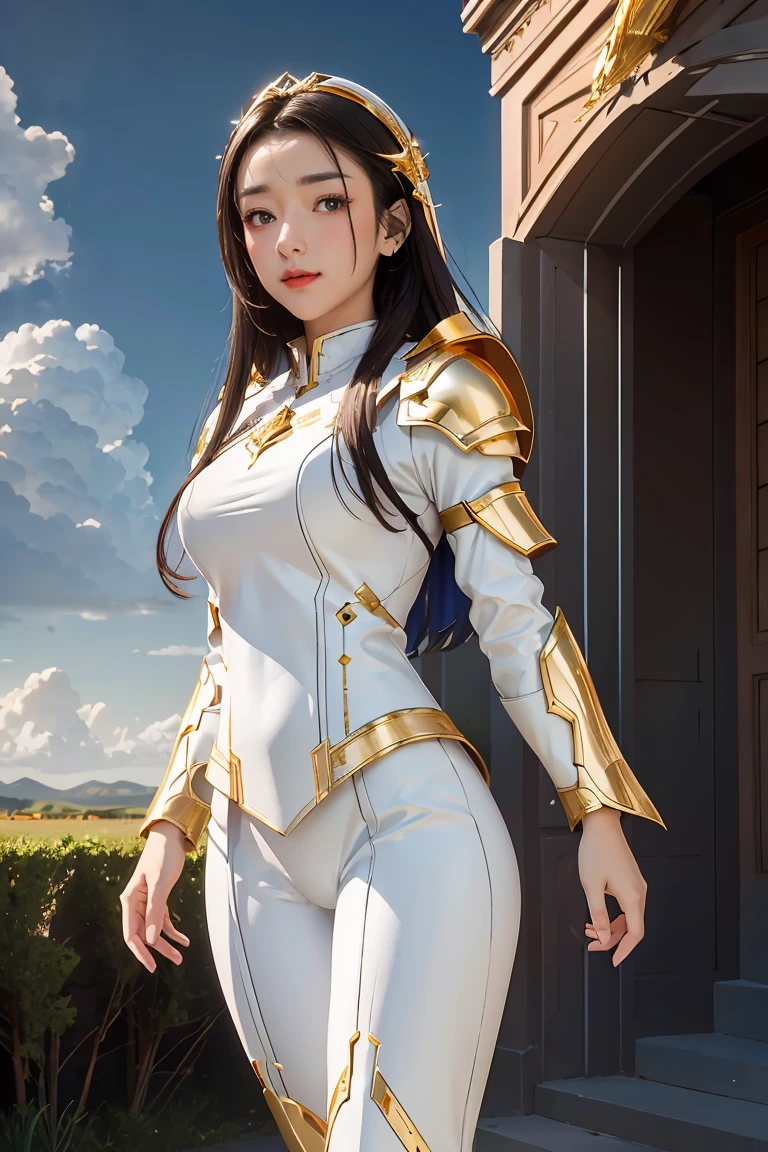 ((masterpiece, best quality, extremely detailed), volumetric lighting, ambient occlusion, colorful, glowing), 1girl, solo, young girl, (dark hair), long hair, halo, aura, sacred, goddess, cleric suit, (white outfit with gold detailst:1.3), armor, outdoors, sunset, sky, clouds, space, (fantasy theme:1.2), full body armor