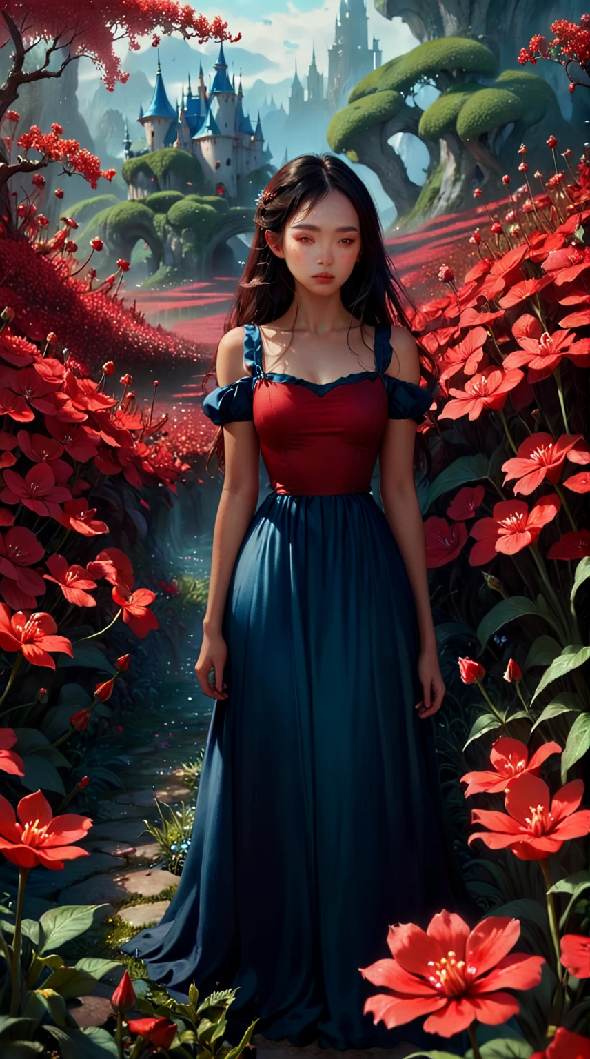there is a woman standing in a red flower garden, lost in a dreamy fairy landscape, inspired by Jakub Schikaneder, in a red dream world, dreamlike digital painting, fantasy digital painting, jessica rossier fantasy art, alice x. zhang, beautiful art uhd 4 k, beautiful digital artwork, beautiful render of a fairytale, inspired by Andreas Rocha