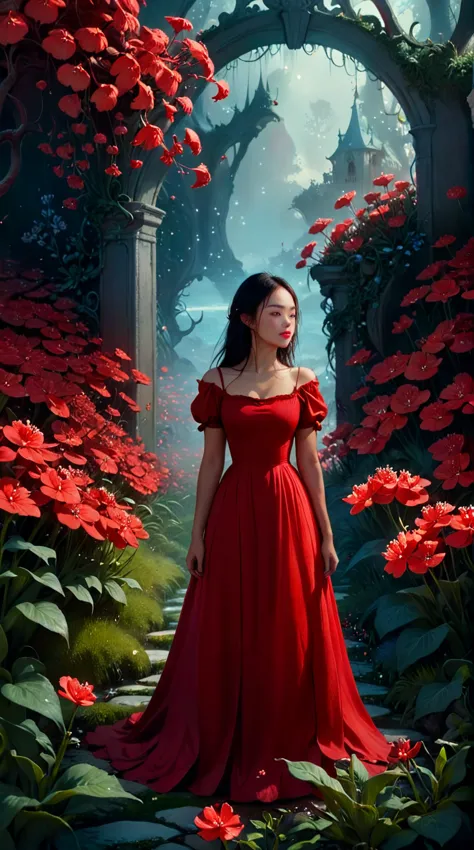 there is a woman standing in a red flower garden, lost in a dreamy fairy landscape, inspired by jakub schikaneder, in a red drea...