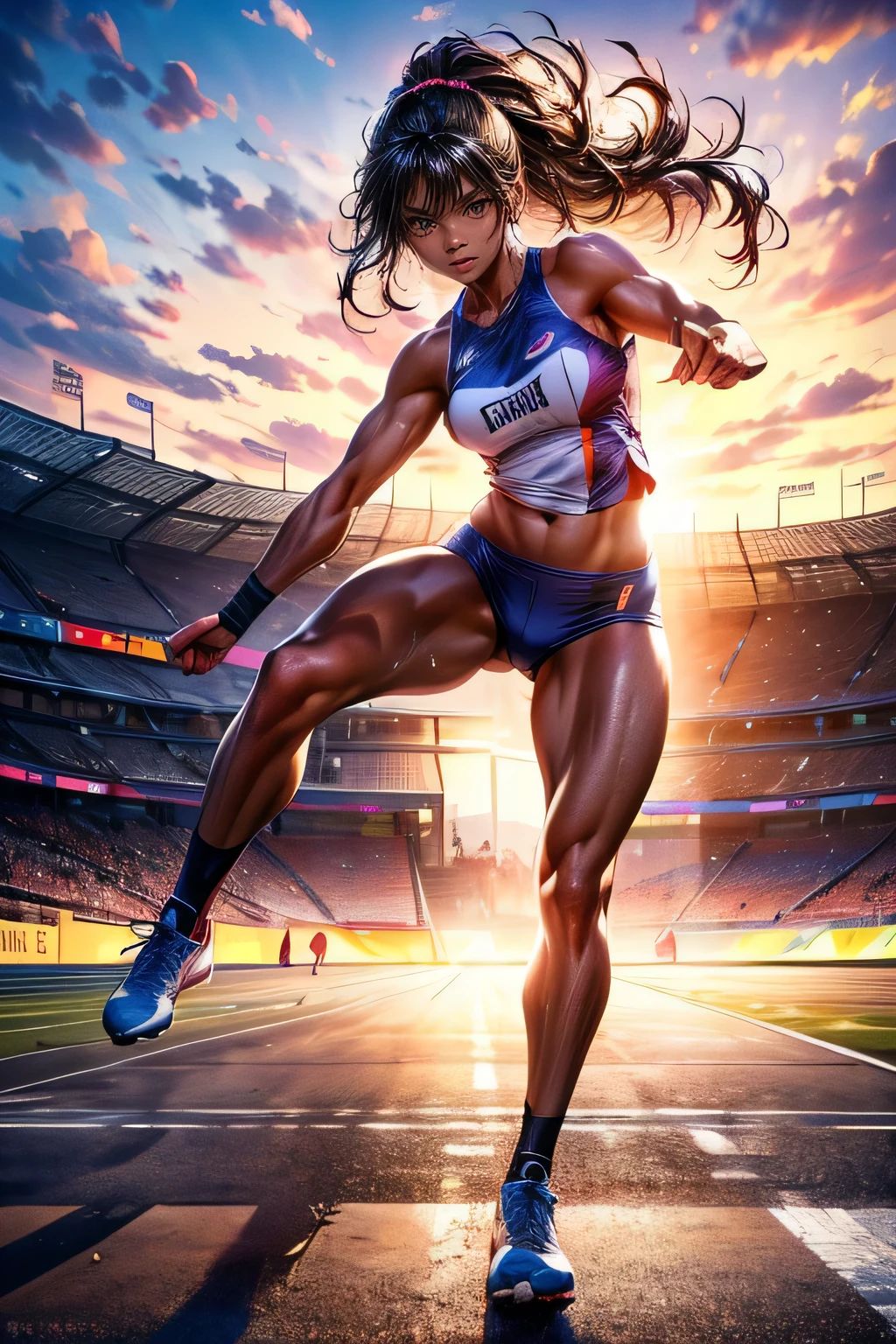 at the track and field stadium, 1 female track and field athlete, muscular physique, athletic pose, dynamic motion, graceful movements, sharp focus, powerful strides, sweat glistening, intense expression, cinematic lighting, dramatic composition, high contrast, vibrant colors, photorealistic, hyper-detailed, masterpiece, (best quality,4k,8k,highres,masterpiece:1.2),ultra-detailed,(realistic,photorealistic,photo-realistic:1.37)