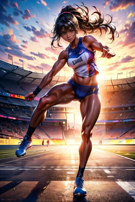 at the track and field stadium, 1 female track and field athlete, muscular physique, athletic pose, dynamic motion, graceful mov...