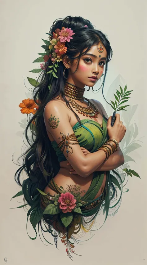 the image shows a breathtaking and stunningly beautiful east indian girl, whose body is fused with flowers and foliage, color vi...