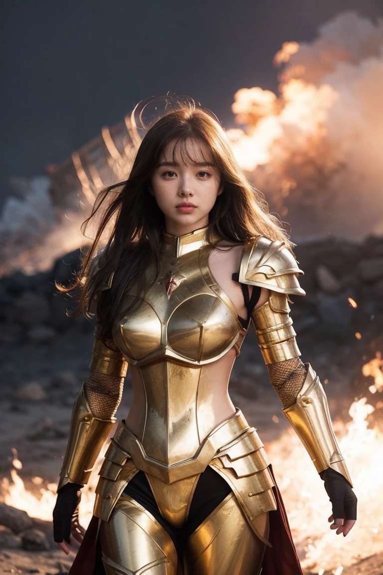 (Masterpiece), (Best Quality), (1 Girl), Girl in Golden Armor, Cool Pose, Battlefield Background, Fire Background, Saint Seiya Armor, Messy Hair, Broken Armor, Ragged Clothes