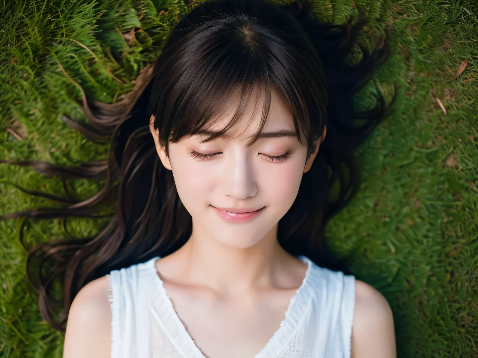 Top quality, 1 beautiful woman, Sunlight, ((masterpiece, Highest quality, High resolution)), (Close your eyes:1.3), (Look Up:1.2), smile, 1 Japanese girl, (Realistic: 1.4), Great face, 15 years old, Medium Hair, (Beautiful Hair:1.5), one piece, Meadow and blue sky, (Top view:1.3), Smooth, Highly detailed CG composite 8K wallpaper, High resolution RAW color photos, Professional photography, Light, BackLight, dream-like, impressive, Written boundary depth