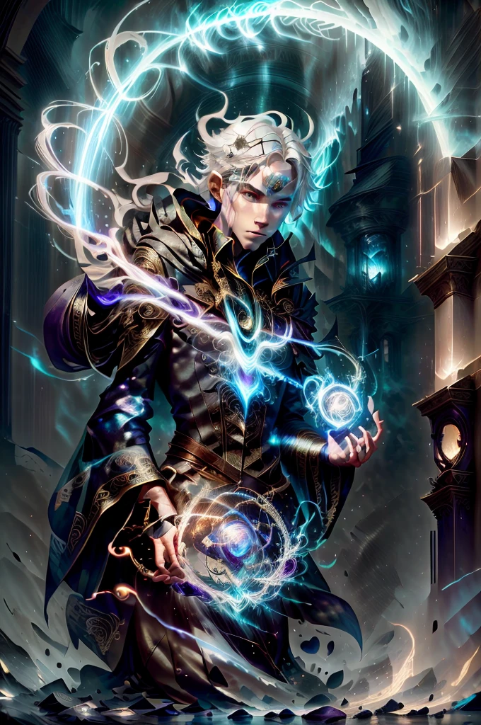 An  enchanting image of a boy casting a magic spell, has Five fingers, white hair floating in the air, with the magic circle visible while casting, facing towards the viewer, glowing with powerful aura of fire with read color color scheme, shows the magic caster eyes with etheral light, a mist in his background, with a beautiful scene in the background, cinematic lighting, dramatic lighting, super detailed, hyper detail, black cloak, royal prince, detailed magic circles