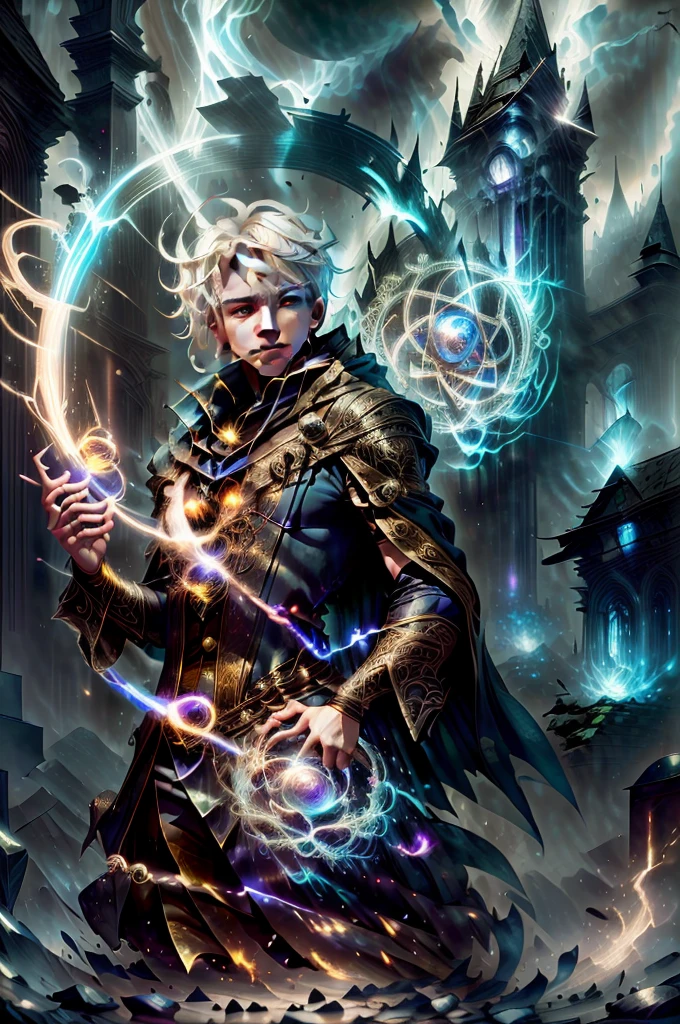 An  enchanting image of a boy casting a magic spell, has Five fingers, white hair floating in the air, with the magic circle visible while casting, facing towards the viewer, glowing with powerful aura of fire with read color color scheme, shows the magic caster eyes with etheral light, a mist in his background, with a beautiful scene in the background, cinematic lighting, dramatic lighting, super detailed, hyper detail, black cloak, royal prince, detailed magic circles