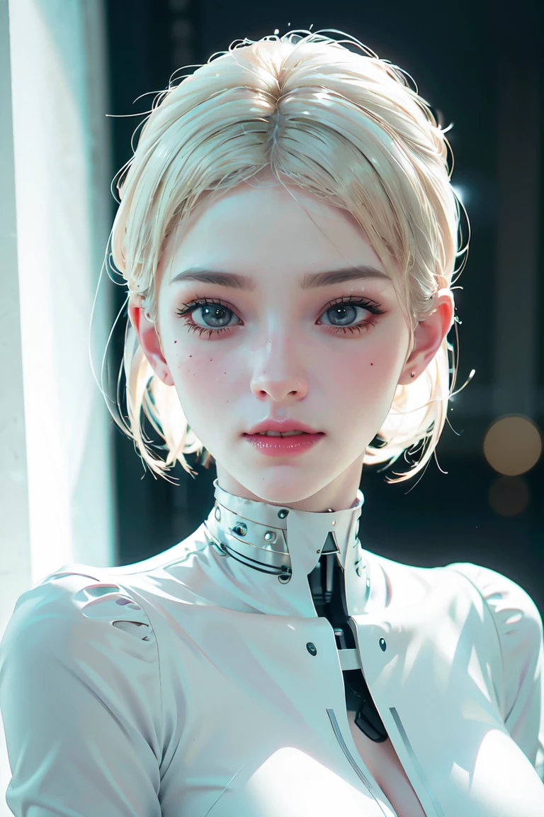 《The role of artificial intelligence》。（（（Virtual character design：Psychological counselor。miss，20 years old，white short hair，Exquisite facial features，beautiful make up，Skin details，Smile）））。（（white suit））。((Super realistic details))。 illumination, light and shadow, octane rendering, 8k, super sharp,complicated, Accessory details,atmosphere