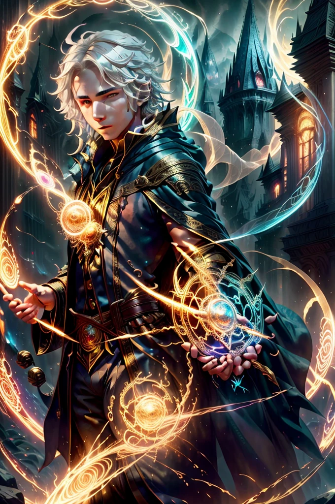 An  enchanting image of a boy casting a magic spell, has Five fingers, white hair floating in the air, with the magic circle visible while casting, facing towards the viewer, glowing with powerful aura of fire with read color color scheme, shows the magic caster eyes with etheral light, a mist in his background, with a beautiful scene in the background, cinematic lighting, dramatic lighting, super detailed, hyper detail, black cloak, royal prince, detailed magic circles