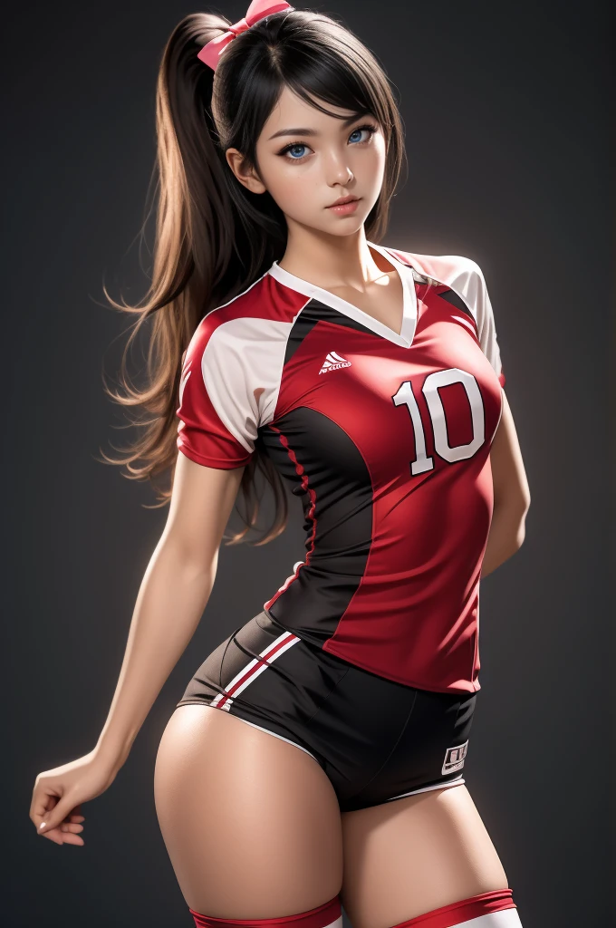 masterpiece, high res, 4k, (perfect anatomy:1.5), perfect long legs, perfect arms, Volleyball girl, volleyball outfit, tight shorts, thin build, medium breasts, cute face, rose cheeks, long black hair, brown eyes, ribbons and bows in hair, sexy pose, stockings, sexy body