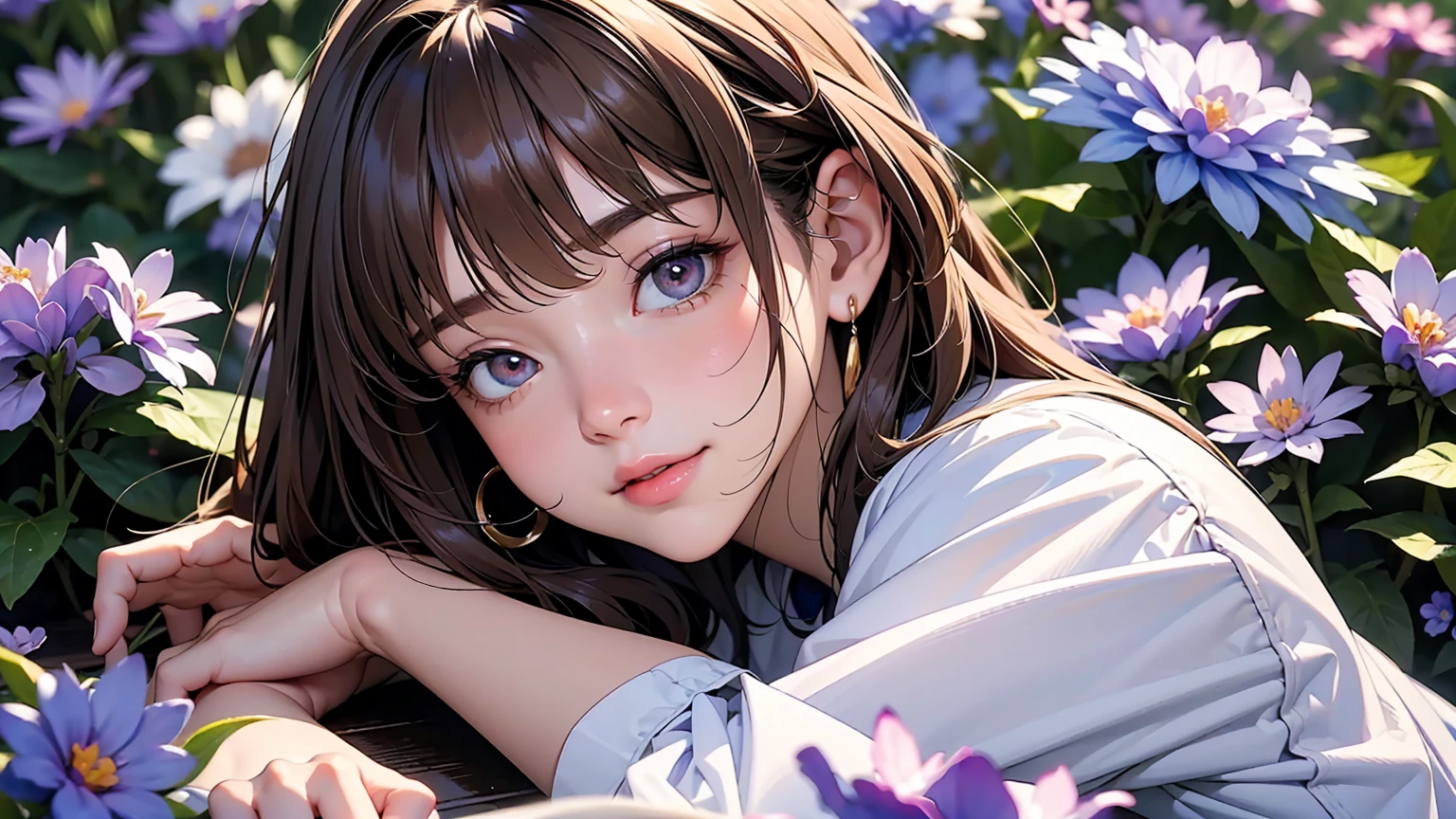 masterpiece、high resolution 8k、NSFW、sharp focus、contrast lighting、fine skin、muste piece、 highest quality、Ultra - High resolution、Super high resolution、Highly detailed CG、Medium shot, woman is laying down in a field of purple flowers、woman is wearing a pair of blue headphones. She is smiling and seems to be enjoying a pleasant moment of relaxation.、beautiful eyes、(Detailed face and iace:1 2)、narrow eyes、almond eye、Black pupil、eye gradation eye highlight:1.2)、(light reddish brown hair、middle、asymmetrical bangs)、(ID card、Blazer for office wear shortage、white cutter shirt、black pencil skirt、pumps)、(plump lips、gross、glossy lips、small breast size) 、(oval face : 1.4)、(thin fingers、fine arms、detailed human hand)、laughter half open、teeth visibl