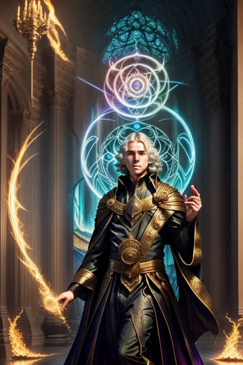 an enchanting image of a boy casting a magic spell, has five fingers, white hair floating in the air, with the magic circle visi...