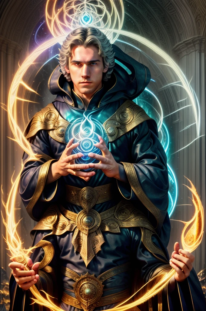 An enchanting image of a boy casting a magic spell, has Five fingers, white hair floating in the air, with the magic circle visible while casting, facing towards the viewer, glowing with powerful aura of fire with read color color scheme, shows the magic caster eyes with etheral light, a mist in his background, with a beautiful scene in the background, cinematic lighting, dramatic lighting, super detailed, hyper detail, black cloak, royal prince, detailed magic circles
