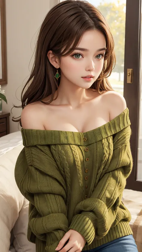 1 babe, brown hair, green sweater, off shoulder, parted lips, beautiful, cute, sexy