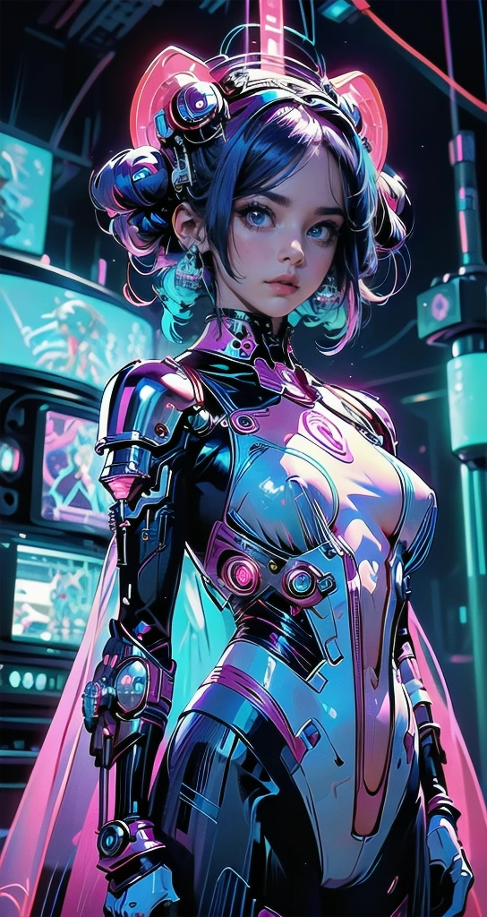 masterpiece, best quality, 1girl, solo, retro futuristic cyborgwoman, seamlessly blending mechanics and elegance. fit, small breasts, blueish skin, with magenta hair, old woman, fashion modeling pose, form fitting turquoise swimsuit-like-armor , happy, wild hair, humanoid face with bigger eyes and some cyberparts, plain background, dark colors, Anime, Cartoon, Comic Book, Concept Art