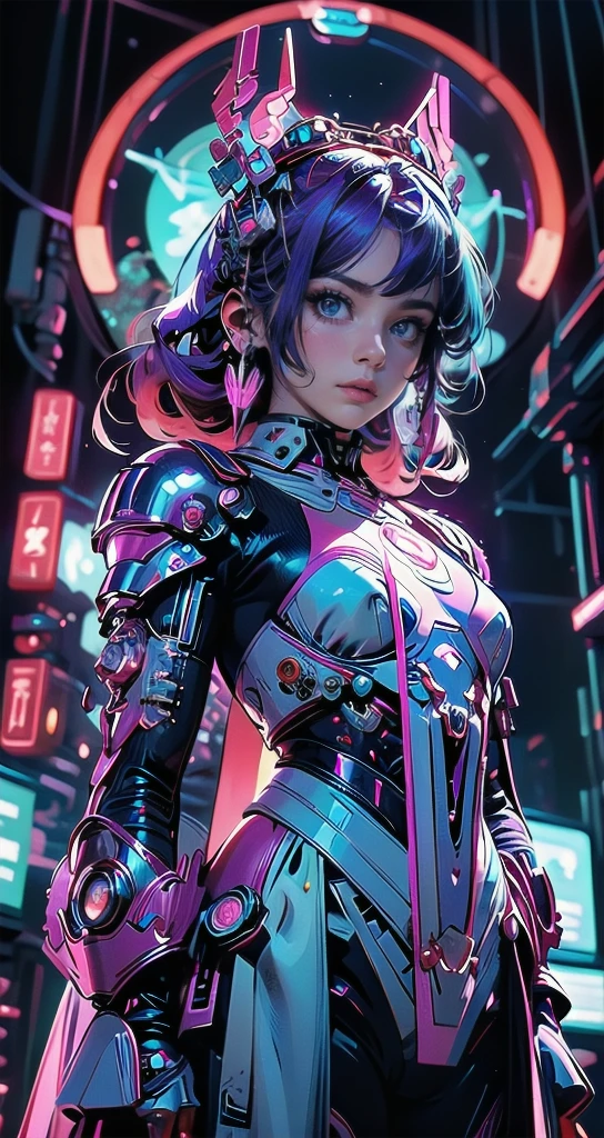 masterpiece, best quality, 1girl, solo, retro futuristic cyborgwoman, seamlessly blending mechanics and elegance. fit, small breasts, blueish skin, with magenta hair, old woman, fashion modeling pose, form fitting turquoise swimsuit-like-armor , happy, wild hair, humanoid face with bigger eyes and some cyberparts, plain background, dark colors, Anime, Cartoon, Comic Book, Concept Art