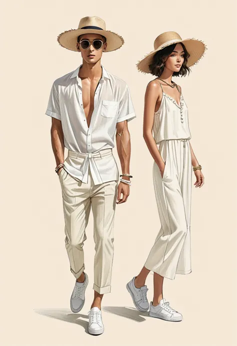 candid fashion illustration of young Mixed race man and woman, both aged 22 year old, ((showcase fashion look book in a off-Whit...