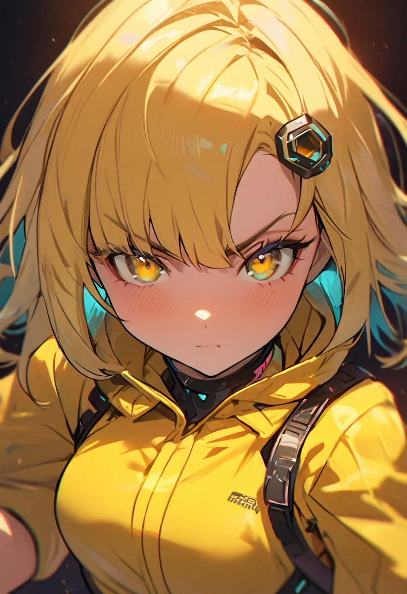  girl, close up, dark background ,solarpunk , awesome costume , yellow jacket , randome pose