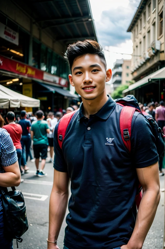 Tony Labrusca, Young man in a navy blue polo shirt Standing at the edge of the market with a smile on his face, looking into the distance Turn your head slightly.，Cloudy day, (Backpack:1.2)