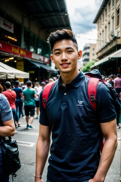 tony labrusca, young man in a navy blue polo shirt standing at the edge of the market with a smile on his face, looking into the...