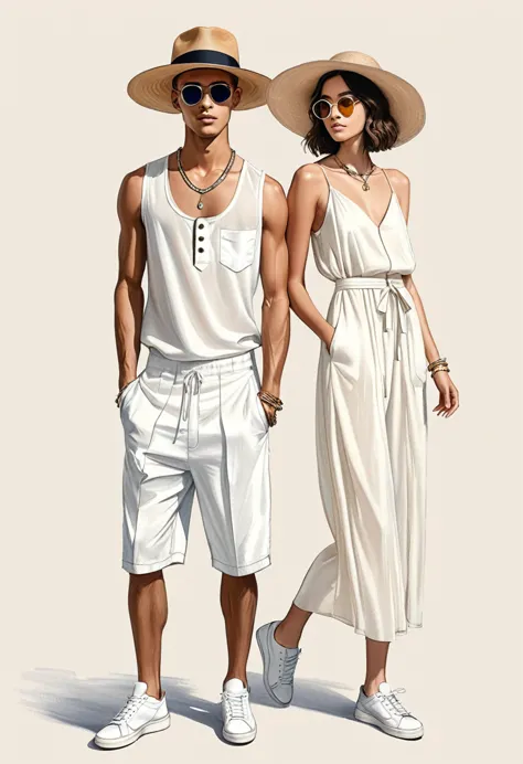 candid fashion illustration of young Mixed race man and woman, both aged 22 year old, ((showcase fashion look book in a off-Whit...