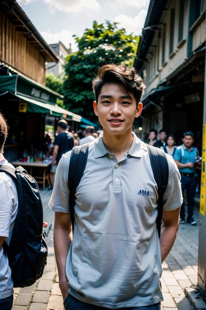 Young man in a navy blue polo shirt Standing at the edge of the market with a smile on his face, looking into the distance Turn your head slightly.，Cloudy day, (Backpack:1.2)