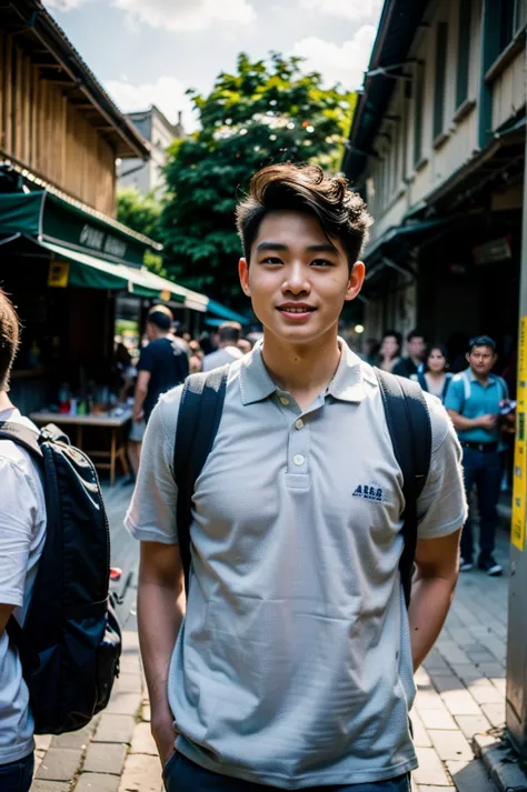 young man in a navy blue polo shirt standing at the edge of the market with a smile on his face, looking into the distance turn ...