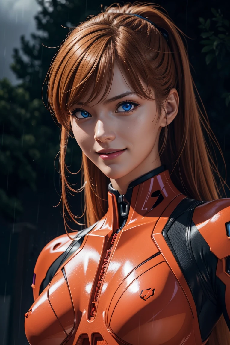 Evangelion,Asuka Langley,blue eyes,Plug Suit,Bodysuits,Interface Headset,赤いBodysuits,Ultra HD,super high quality,masterpiece,Digital SLR,Photorealistic,Detailed details,Vivid details,Depicted in detail,A detailed face,Detailed details,Super Detail,Realistic skin texture,Anatomical basis,Perfect Anatomy,Anatomically correct hand,Anatomically correct fingers,Complex 3D rendering,Sexy pose,Rainy Sky,Beautiful scenery,Fantastic rainy sky,Picturesque,Pink Lips,smile,