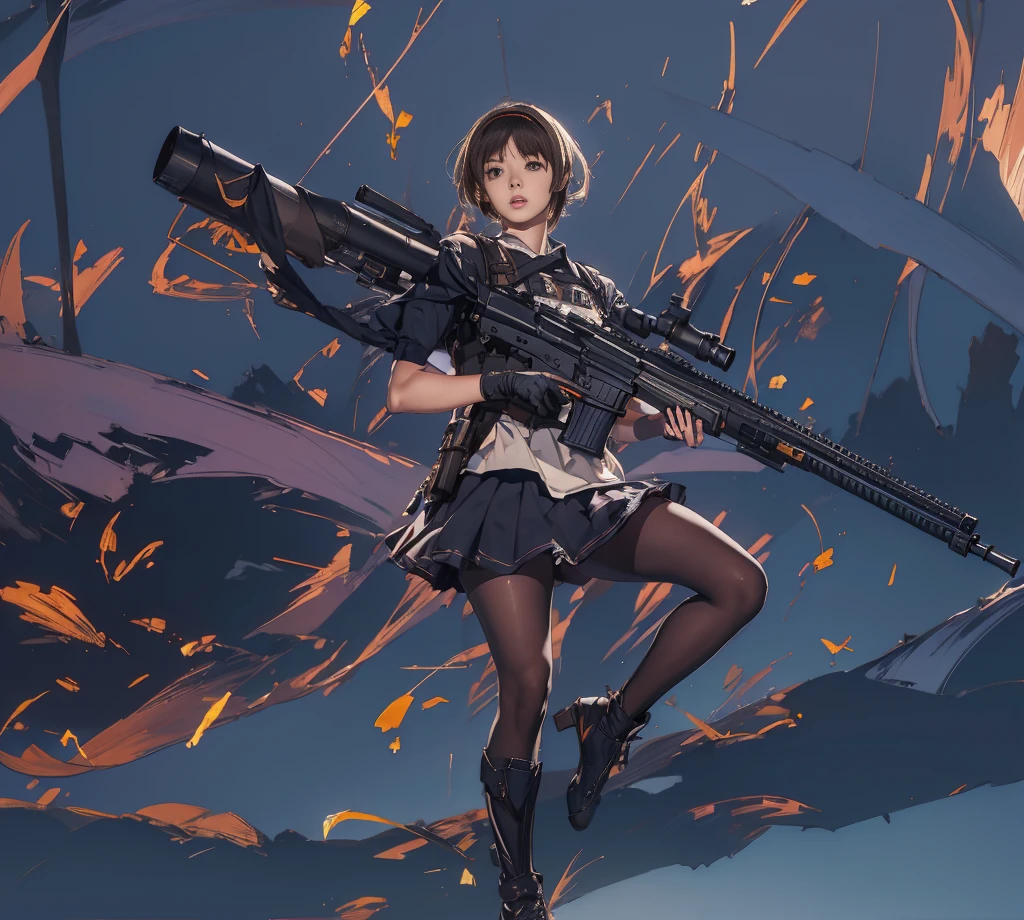 Elaizaikedareal, 1girl, solo, short hair, skirt, blonde hair, red eyes, gloves, ponytail, weapon, pantyhose, hairband, boots, holding weapon, gun, black pantyhose, rifle, one knee, sniper rifle, scope, shell casing